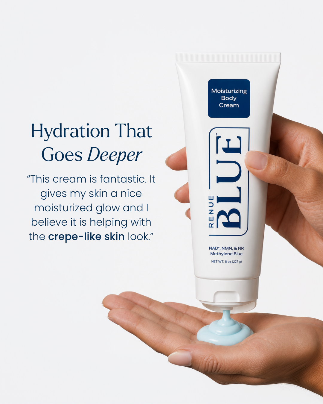 A hand holds a white tube of Renue Blue Moisturizing Body Cream, with blue cream being dispensed onto an open palm against a light gray background with promotional text.