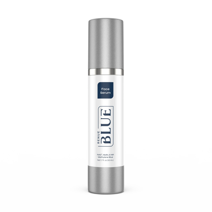 Bottle of Renue Blue face serum on a white background