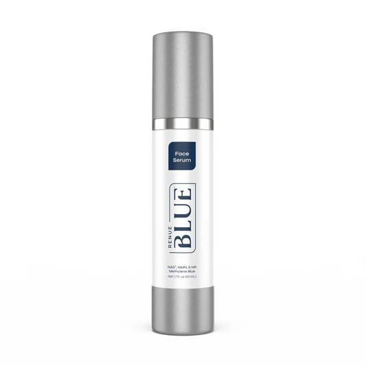 Bottle of Renue Blue face serum on a white background