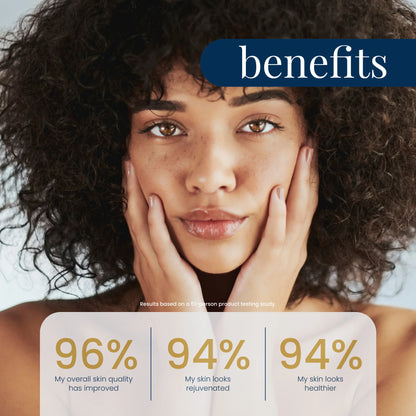 Woman with curly hair touching her face, with text about skin improvement percentages.
