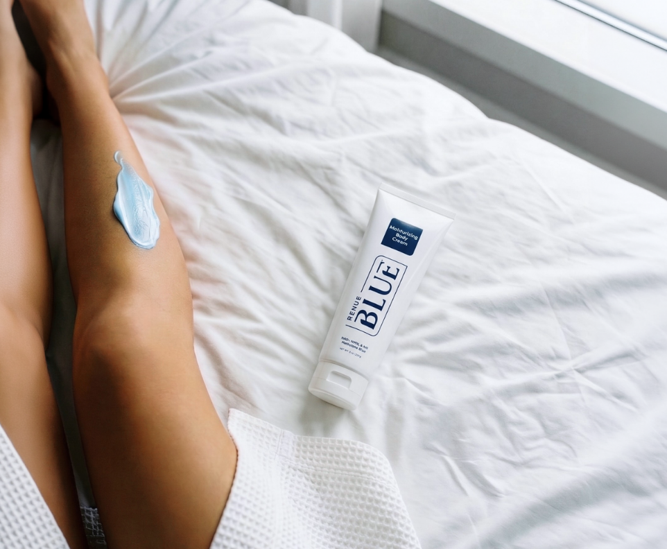 Renue blue Body Cream texture swipe on leg