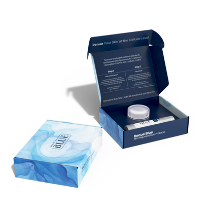 Renue Blue skincare product packaging on a white background