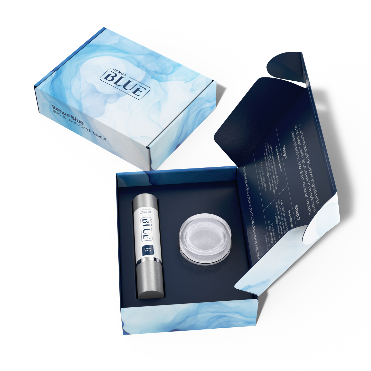 Renue Blue skincare product set with branding in an open box on a white background