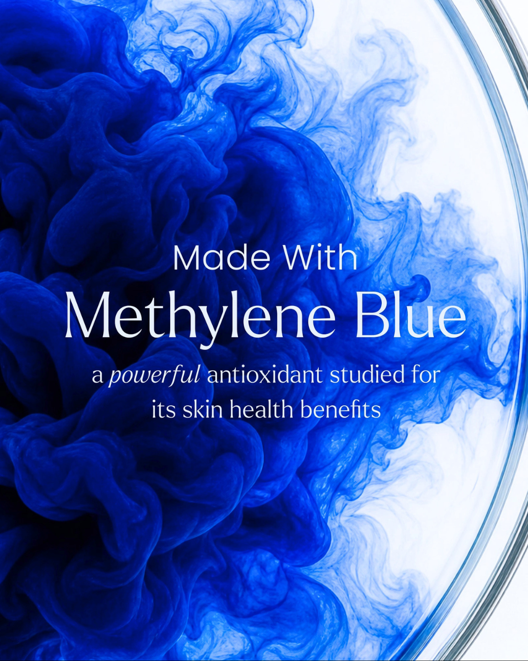 A circular product graphic with a blue and white smoke-like ink pattern and text reading 'Made With Methylene Blue' and 'a powerful antioxidant studied for its skin health benefits.'.